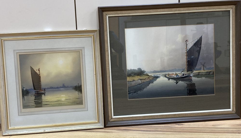 Hannaford Jnr, two watercolours, Sail barges on the broads, signed, largest 35 x 43cm